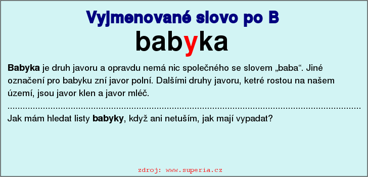 Vyjmenované slovo babyka, vyjmenovaná slova po B, pravopis i/y, přehled, cvičení na diktáty, pracovní list.