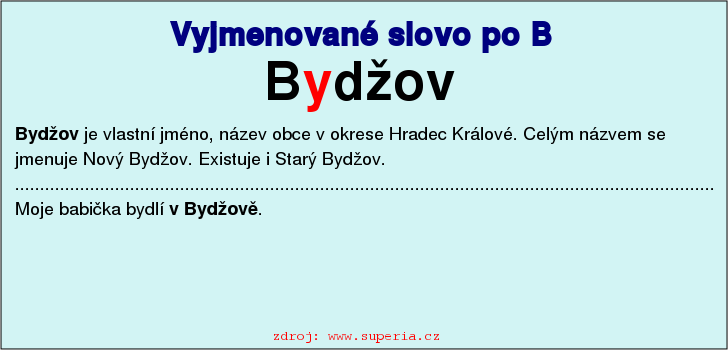Vyjmenované slovo Bydžov, vyjmenovaná slova po B, pravopis i/y, přehled, cvičení na diktáty, pracovní list.