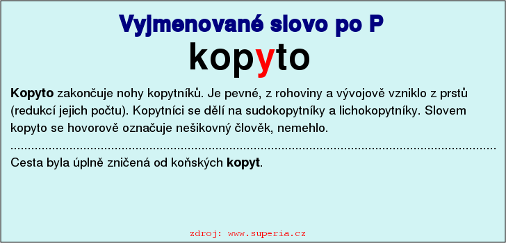 Vyjmenované slovo kopyto, vyjmenovaná slova po P, pravopis i/y, přehled, cvičení na diktáty, pracovní list.