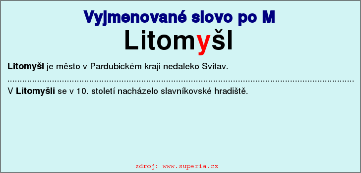 Vyjmenované slovo Litomyšl, vyjmenovaná slova po M, pravopis i/y, přehled, cvičení na diktáty, pracovní list.