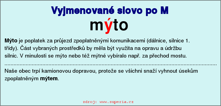 Vyjmenované slovo mýto, vyjmenovaná slova po M, pravopis i/y, přehled, cvičení na diktáty, pracovní list.
