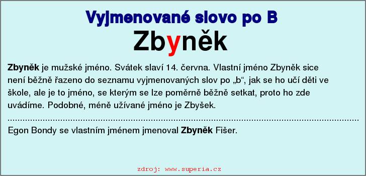 Vyjmenované slovo Zbyněk, vyjmenovaná slova po B, pravopis i/y, přehled, cvičení na diktáty, pracovní list.